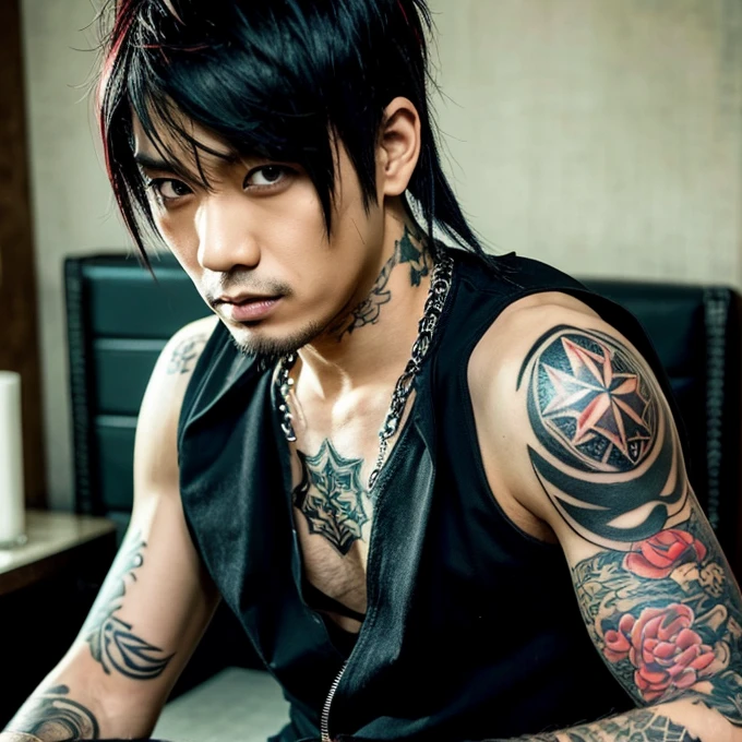 Japanese gothic rocker man, male, Asian eyes, muscular, broad shoulders, yakuza tattoos, hairstyle Visual Kei style, hair Visual Kei, black men's shirt and black pants, ultra detailed face, hyperrealistic, realistic representation, 30 years old, age 30 years,, blonde hair