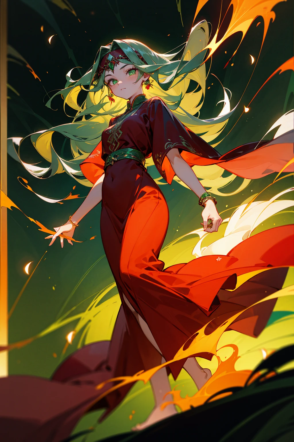 1female, long wavy black hair, emerald green eyes, golden horn headband, flowing red dress with flame embroidery, delicate silver bracelets, barefoot, moonlit forest background with glowing fireflies, detailed face, masterpiece, 8k