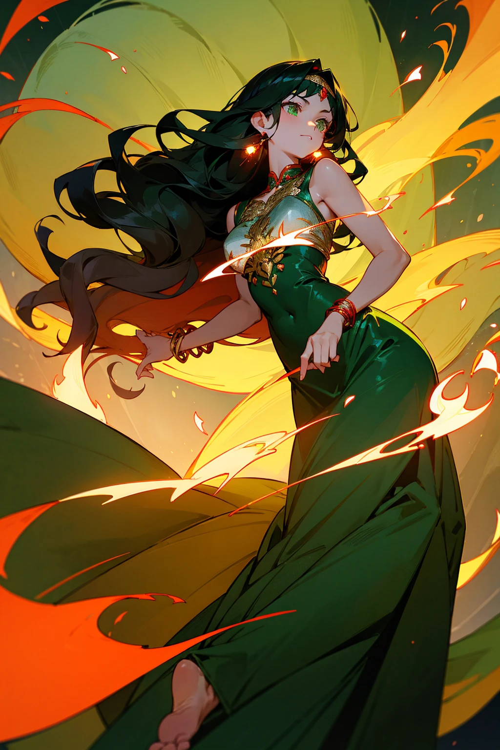 1female, long wavy black hair, emerald green eyes, golden horn headband, flowing red dress with flame embroidery, delicate silver bracelets, barefoot, moonlit forest background with glowing fireflies, detailed face, masterpiece, 8k