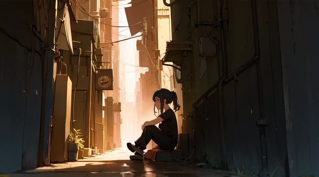 (masterpiece:1.3), (the best quality:1.2), 

masterpiece,night,(dark alley),dire backgroud,city

(1 girl), (solo), Knee hugging sitting，acousticguitar