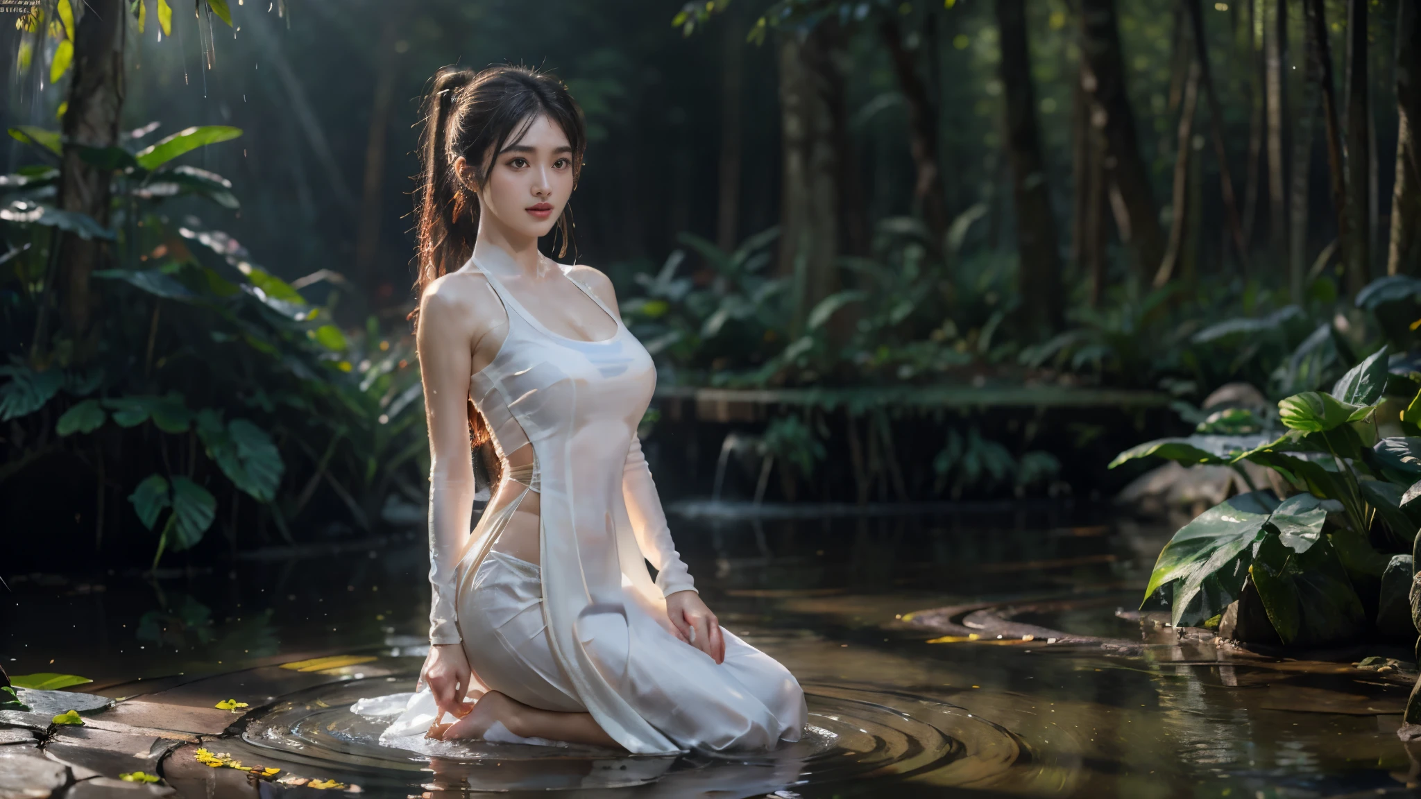 beautiful girl, Vietnamese female TIGER, showering in a lake pool in the forest, dynamic poses, sabai transparent dress, (wet hair), Drops of water come down from the hair, thai traditional skirt, long ponytail, black eyes, abdominal muscles, plump body, rounded chest, (big breast:1.3), rift, morning sun, staring at the audience, rain, (dynamic poses), shower, shower poses, ((face details)), Double eyelids, finished, (Backlight), realistic, Masterpiece, Highest quality, lens flare, shade, in full bloom, [[Chromatic aberration]], By Jeremy Lipking, By Antonio J. Manzanedo, digital painting, HDR, high contrast, (cowboy shot), masterpiece, realistic hands. [The character is surrounded by mist, evoking a mysterious and eerie atmosphere. The lighting is dark and atmospheric, with smoke adding a touch of sinister ambiance. Best quality image, HDR enhancement, showcasing the utmost level of detail and realism, full body shot:1.5]. [8K, Best Quality, Ultra High Resolution, (highly detailed CG unity 8k wallpaper), (best photo), (best shadows), isometric 3D, octane rendering, ray tracing, highly detailed, (Best quality, 4K, 8k:1.2), absurdity, ultra detailed, (realistic, photorealistic, photorealistic:1.37), complex parts, HDR, (complex parts:1.12), (hyper detailed, hyper realistic, Soft lighting, spicy:1.2), (complex parts, Hyper detailed:1.15). Blurred foreground. (backlit), masterpiece, high quality, brightness, chromatic aberration, foggy smoke, shadows, contrast, clear sky, (warm hue, warm tone), high details, natural reflections]. (YES SFW), many details.