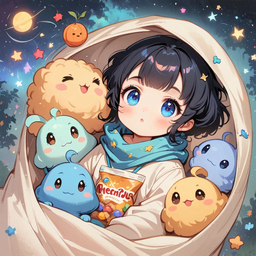 เด็กสาวDark blue hairนั่งอยู่ในชุดอวกาศที่ลอยอยู่ในอวกาศ,Dark blue hair, blue eyes, Surrounded by the Milky Way, universe , Cutely. Eat snacks, meet aliens, Babygirl sit in spacesuit floating in space,glabrous, surrounded by the Milky Way, the universe , cutely, Babygir hair is nevy blue.