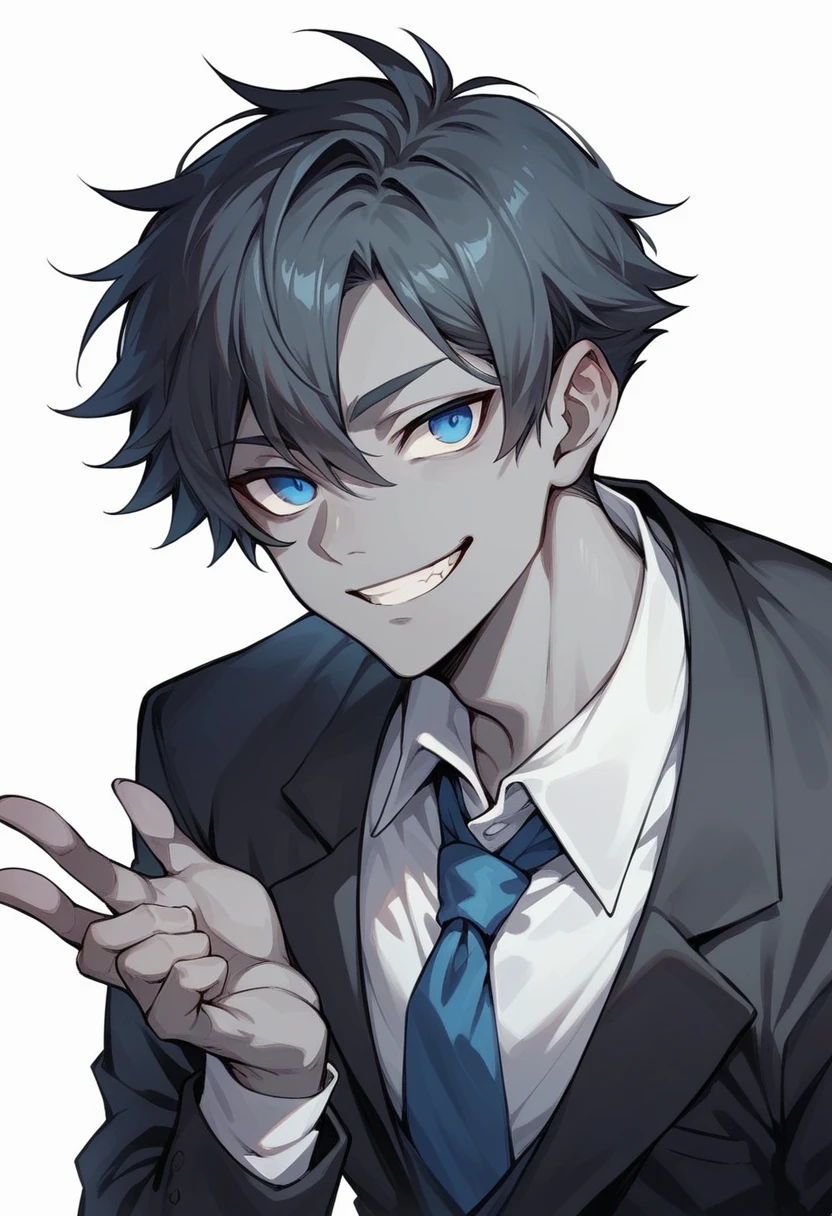 Humanoid creature, only one eye, gray skin, black suit, smiling, blue eye, short hair