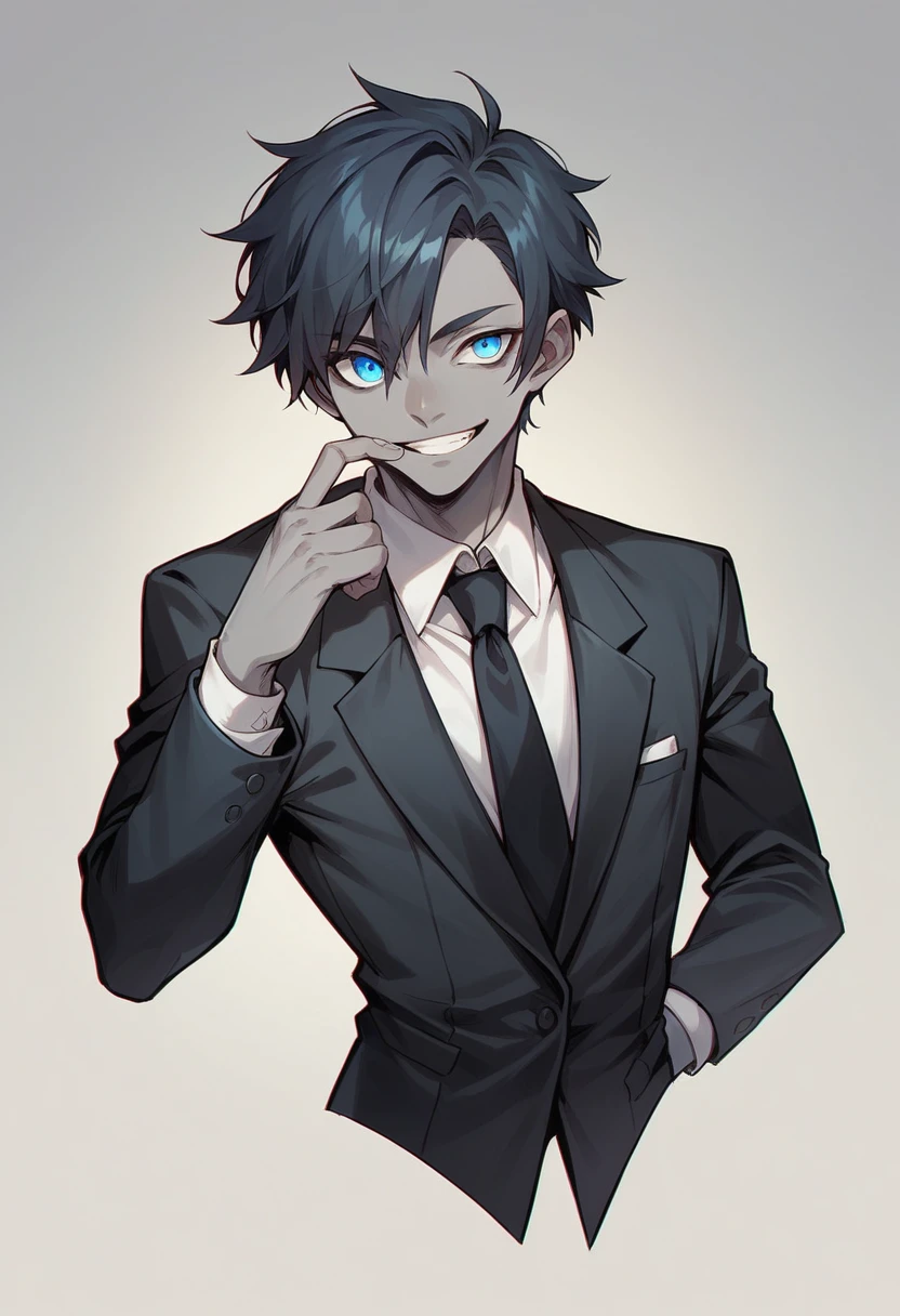 Humanoid creature, only one eye, gray skin, black suit, smiling, blue eye, short hair