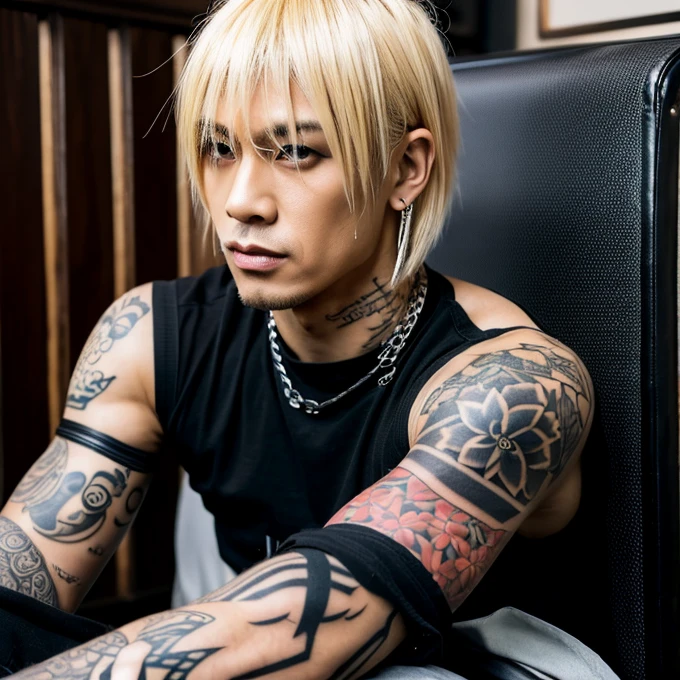 Japanese gothic rocker man, male, Asian eyes, muscular, broad shoulders, yakuza tattoos, hairstyle Visual Kei style, hair Visual Kei, black men's shirt and black pants, ultra detailed face, hyperrealistic, realistic representation, 30 years old, age 30 years,, blonde hair