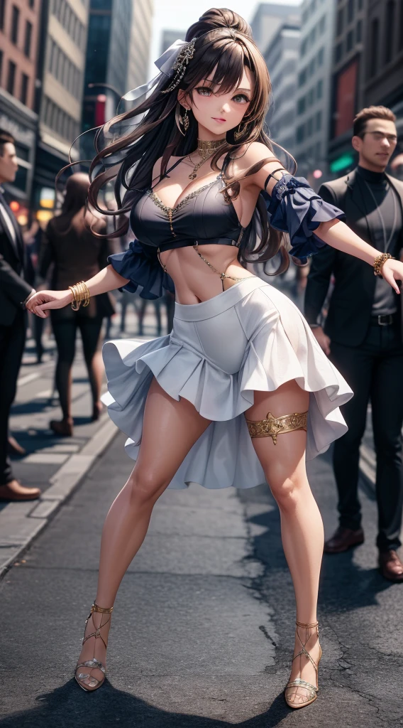 Extremely beautiful,1 girl, jewerly, breastsout, ((dancing1.4)), high-heels, darkskin, bracelet, へそ, aretes, focus only, Ankle Bracelet, dark skinned female, tummy, Blurry background, long hair, necklase, Blurry, neckleace, Bblack hair, overskirt, realisitic, へそ piercing