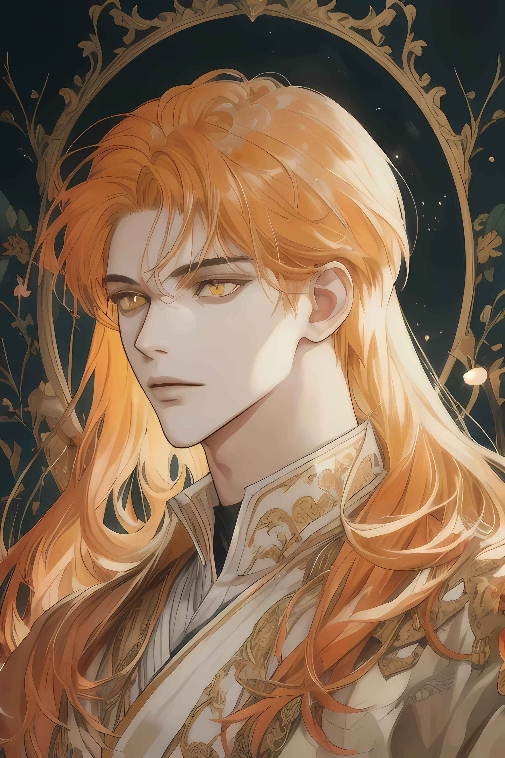 {{best quality}}}, {1boy}, depth of field, beautiful detailed eyes, {game cg}, angular face, beautiful guy, angular face, adult, watercolor on paper, {{{{{{2024 manhwa style}}}}}}, beautiful, sexy, {{{{perfect eyes}}}}, attractive, short hair, male model, cinematic masterpiece, {{{{{detailed high quality face}}}}}, 8k quality, {{{{{proportional face}}}}}, perfect face, stunning, perfect body, soft features, muted colors, Best quality, masterpiece, super high resolution, male, man, very handsome, beautiful, bright orange long hair, straight hair, bangs parted in the middle, solo, very attractive, golden eyes, shining, detailed background, ethereal, royal attire, royal clothes, very detailed, sharp eyes, face view, golden eyes, yellow eyes, orange hair, Yellow hair, long hair