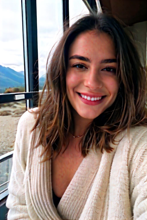 une belle femme de 23 ans, brune claire, sourire, nuit, montagne, nuage, lune, vêtements amples, corps entier, pull en laine, froid, Lèvres, Les cheveux en désordre, grain de film, photo, Support 160 couleurs, tourné sur ARRI ALEXA 65, mise au point nette sur le sujet, Fujifilm Xt-3