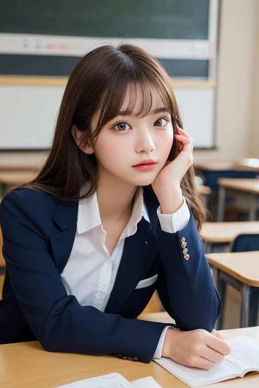 (masterpiece:1.5)、(Realistic:1.5)、(Highest quality:1.4、8k、RAW Photos)、
Ultra-high resolution、Professional Lighting、Perfect dynamic composition、classroom、
Film Grain、chromatic aberration、(Bokeh:1.1)、
Frank、Sophisticated、charm、Surreal、Attention to detail、Golden Ratio、
(1 girl)、Slender girl、Cute Woman:1.4、
Serious expression、Looking at the audience、Long Hair、
Light brown hair、Shiny Hair、
Realistic looking skin、
Beautiful Eyes、double eyelid、Thin arms、School uniforms、Navy blue blazer、Dress shirt、tie、From the waist up