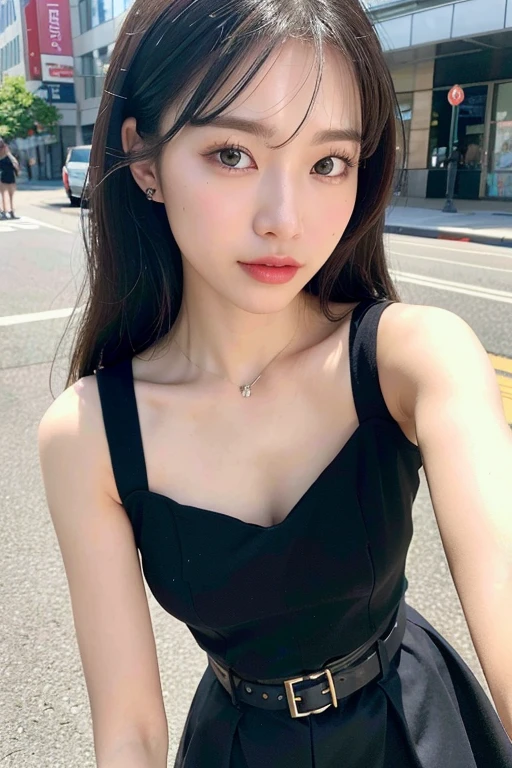 (masterpiece:1.3), (8k, Realistic, RAW Photos, Best image quality: 1.4), (Random Hairstyles:1.2)、Center of chest、(Highly detailed face)、Attention to detail、double eyelid、(Dark Eyes)、(Sharp focus:1.2)、Beautiful woman:1. Old woman、((Black Hair))、Chest-length hair、Highest quality、masterpiece、Ultra-high resolution、(Realistic:1.4)、super high quality、Symmetrical face、The face is very realistic、Photo level、8k最高画質はフル、Sebaceous reflex、The face is very realistic、Extremely realistic skin、Realistic light and shadow effects、Professional Lighting、Sleeveless、((Waist-up portrait))、flare skirt、Cleavage、night、((street:1.2))