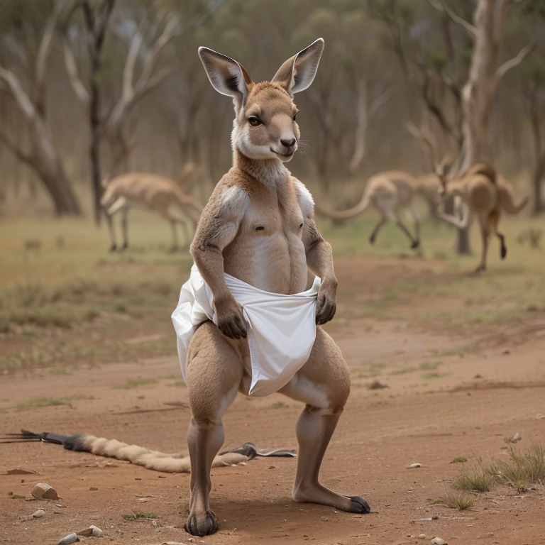 there is a kangaroo that is standing up with a cloth on its back, subject : kangaroo, subject: kangaroo, kangaroo, spy kangaroo, pete davidson walking a kangaroo, australian, in australia, loin cloth, posing ready for a fight, kangaroos, australia, in the australian outback, casually dressed, looking confident, dressed casually, chasing a kangaroo, beth cavener