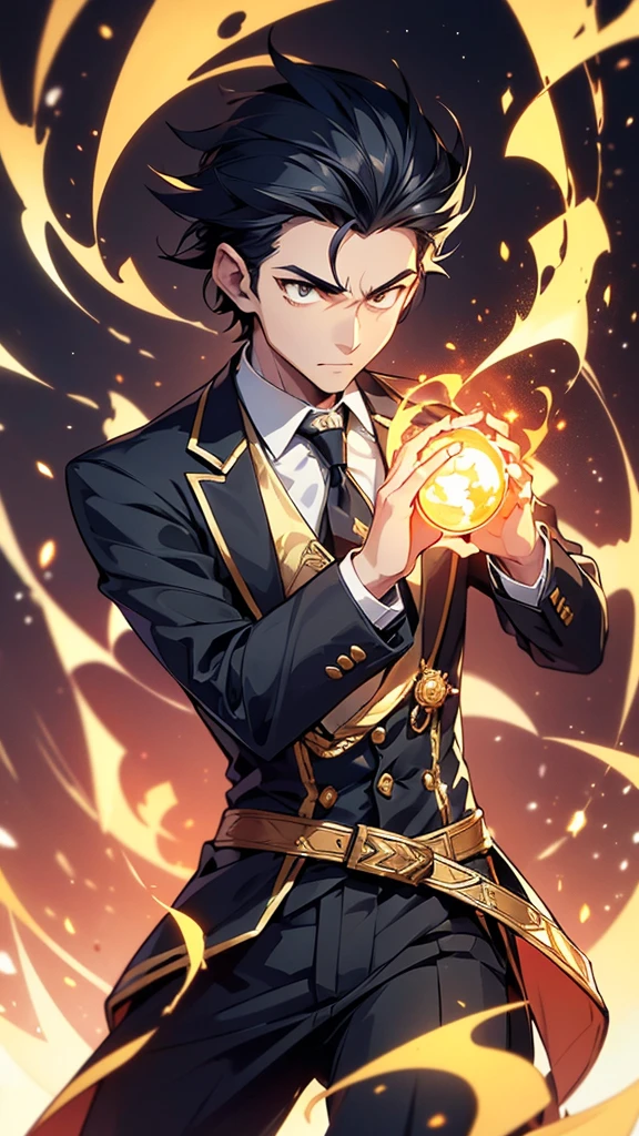 The character in the picture is a young man with a very striking and attractive appearance. He has black hair that is neatly arranged, his hair is medium length and has a slightly wavy appearance. He looks then makes his face sharp and strong, his eyes are determined and sharp, he seems to have high self-confidence.
The clothes he wore were elegant and delicate suits. His black suit had a gold cross pattern that added elegance and prominence. On his left chest was a jewel brooch that looked precious and elaborately detailed. This brooch was characterized as gold jewelry with intricate patterns, making it seem that he was a person. Important or from a famous family
In his right hand he holds a luminous object that looks powerful and enigmatic. This object looks like a box or amulet with a complex design and a secondary glow, giving him a more powerful and mysterious appearance.
His posture looks confident and graceful. He stands upright with stability, his right hand firmly grasps that luminous object, his left hand rests next to his torso in a comfortable position, but still shows readiness to fight or defend himself.
The background of the image is illuminated by light and flames, making it seem that he is standing amid erupting and mysterious forces. These lights come in a variety of colors, including orange, blue and yellow, giving the image a lively and energizing look.
Overall, this character is characterized by being strong, confident and mysterious. His clothes, gestures and costumes, in addition to being elegant, are imbued with various meanings and symbols that indicate his position or important role in his world. His belt is adorned with golden motifs that seem to symbolize some power or power. The detail on the belt is sophisticated and seems to have been designed specifically for him.
Around his neck, he wears a dark black tie that matches the suit and also reinforces him. His suit has an elaborately designed collar and buttons. The collar is gold in color, in harmony with the circumcision on the cuffs and other parts of the suit. These gold buttons complement him with a unique level and style.
The flames that surround him seem to move along his movements. These flames not only add drama to the picture, but also give a sense of boundless power, blue and orange light erupting from the flames.