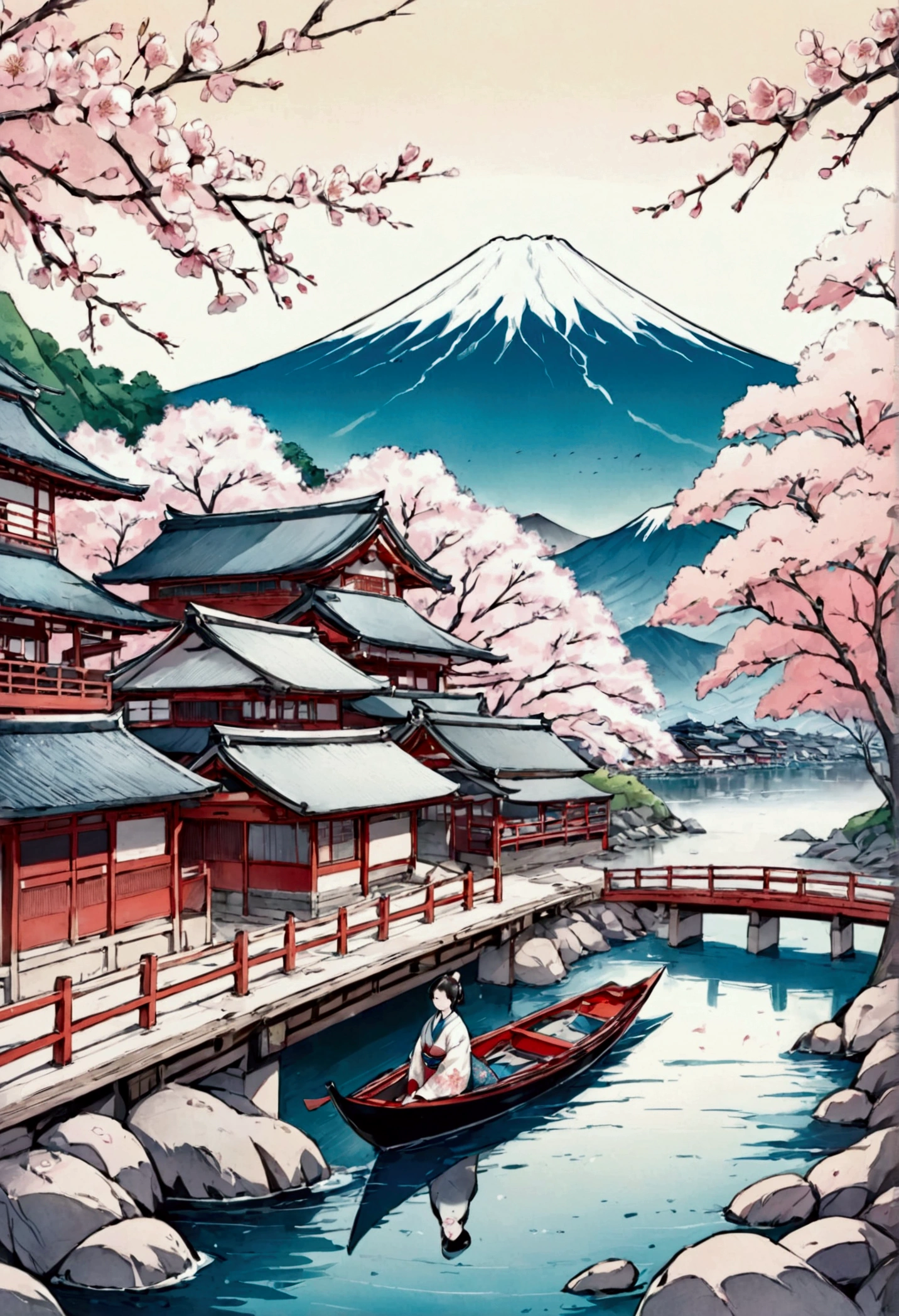 Traditional Japanese Ukiyo-e style line art coloring book。In the background is Mount Fuji.、Cherry blossom trees in full bloom々are lined up。Traditional boats float on the calm river.、Traditional Japanese houses are scattered throughout the small village.。People wearing kimonos on the riverbank々is walking、The bridge is also depicted。The overall composition is、Contains clear outlines and detailed elements suitable for coloring。
