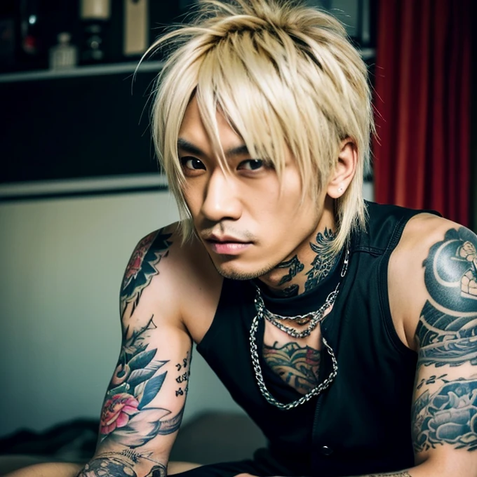 Japanese gothic rocker man, male, Asian eyes, muscular, broad shoulders, yakuza tattoos, hairstyle Visual Kei style, hair Visual Kei, black men's shirt and black pants, ultra detailed face, hyperrealistic, realistic representation, 30 years old, age 30 years,, blonde hair