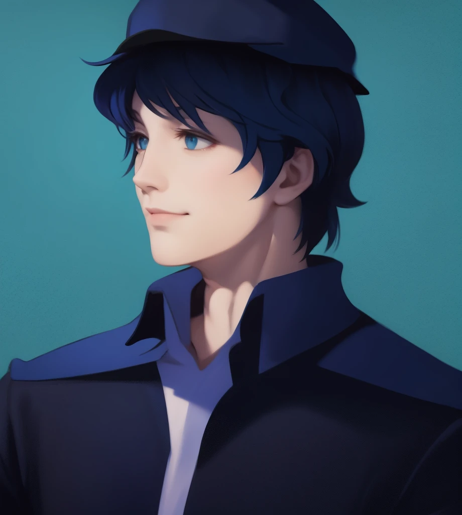 illustration of a man, blue clothes, an illustration inspired by Kanō Hōgai, tumblr, romanticism, yang wen-li, portrait, dark-blue hair, the sandman from graphic novel, deep focus, wearing navy-blue peaked cap