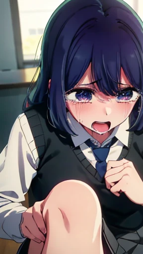 Beautiful lighting, girl, Akane, White shirt, Sweater vest, Black vest, Blue tie,Navy Skirt,Removed panties,Crying face、Open your mouth,Highest quality,Highest quality,One Man,POV fuck,Saliva,tears,Sweat,Vaginal,Classroom floor,