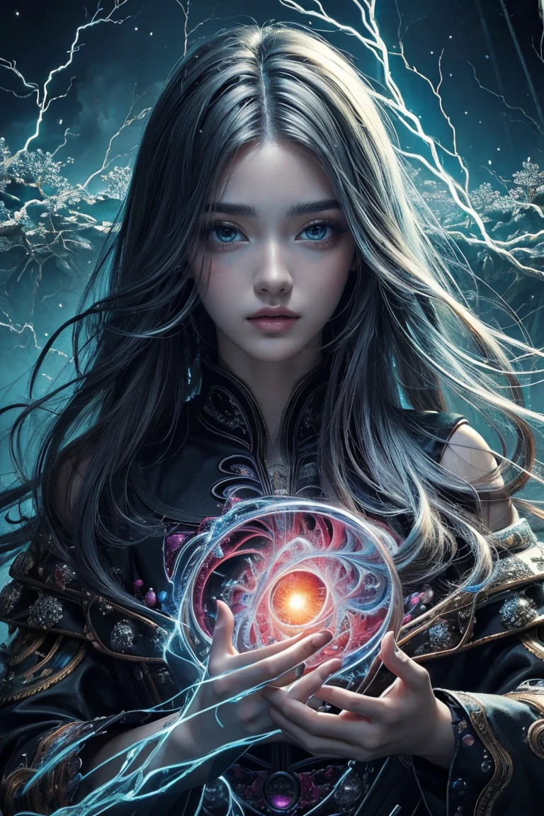(masterpiece, Highest quality, Highest quality, Official Art, beautifully、aesthetic:1.2), (One girl), extreme detailed,(Abstract, Fractal Art:1.3),Colorful Hair,highest detailed, detailed_eye, thunder、Lightning, Light_particle, Ghost