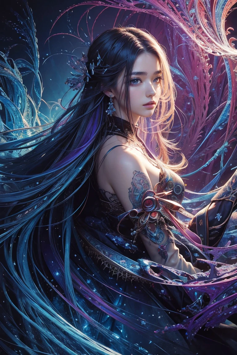 (masterpiece, Highest quality, Highest quality, Official Art, beautifully、aesthetic:1.2), (One girl), extreme detailed,(Abstract, Fractal Art:1.3),Colorful Hair,highest detailed, detailed_eye, thunder、Lightning, Light_particle, Ghost