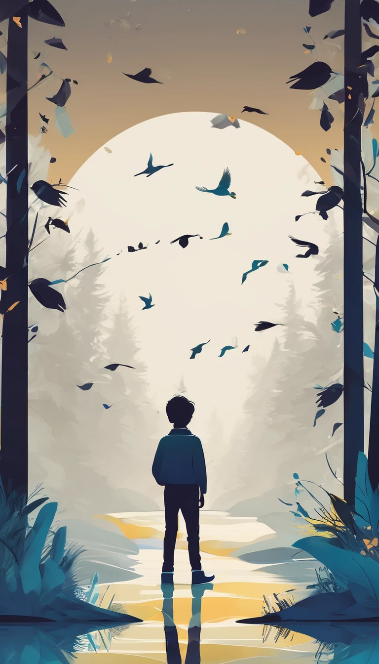 A minimal, modern, simple, cinematic, creative, inspirational, abstract, unique, fantastic, logo design for a storytelling brand “Penamemoria" about dreams, stories and music. Create a modern, minimalistic, high-quality, logo of a boy-feather. The logo must convey a sense of creative inspiration between a boy and a unique, special bird feather. Create the logo with the colors sky blue, yellow golden and white. The background is a forest full of birds and feathers everywhere. A creative boy is standing still in the middle of that forest contemplating the birds, the forest and the feathers.