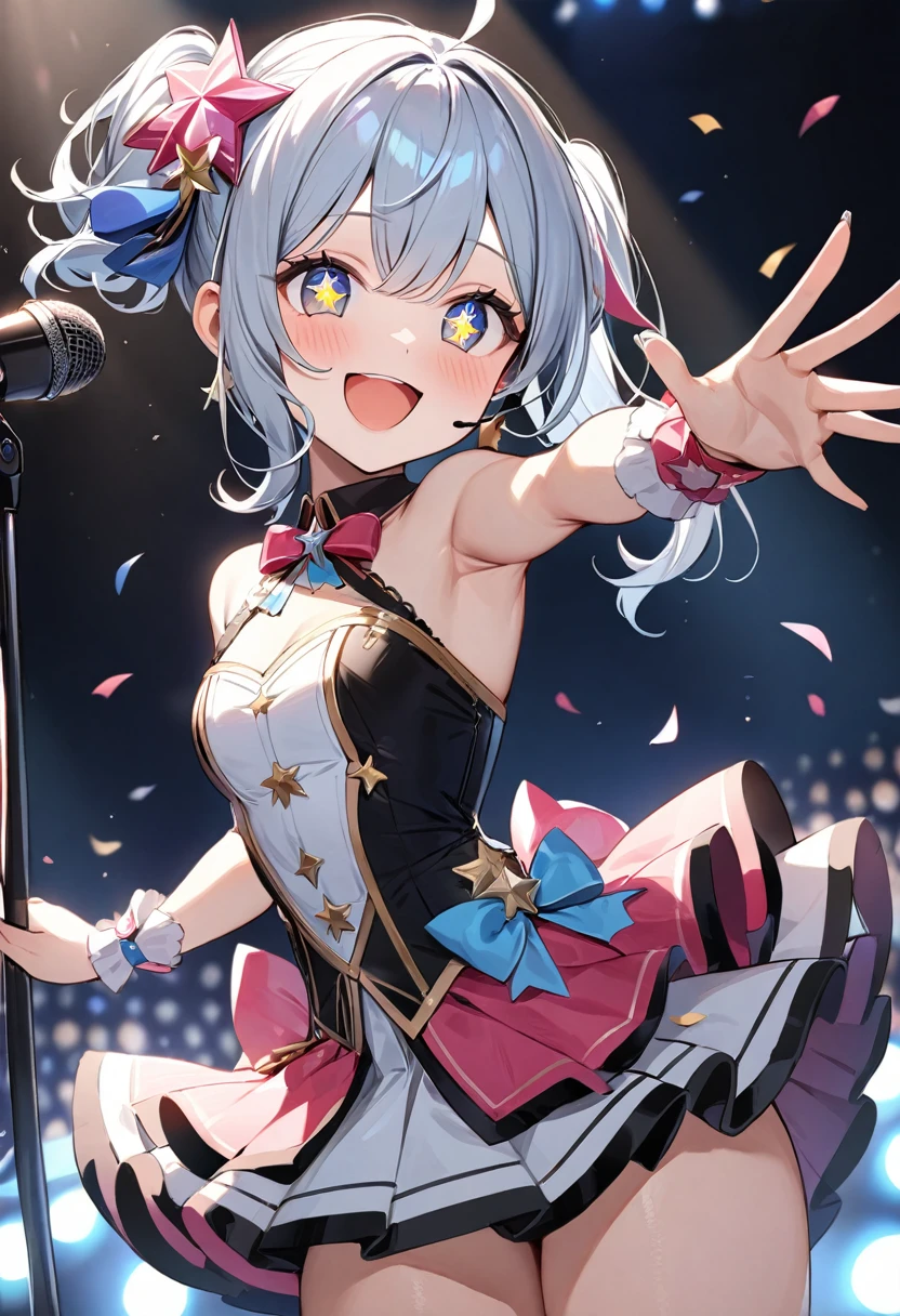 (masterpiece, top quality, very aesthetic, 4k、illustration), intricate detail, 1woman,contrapposto 、,(cowboy shot)、Stand microphone,(star-shaped pupils),Cute 、Open mouth happy smile、Random Hairstyle、Random Hair Color、,middle hair,sidelock ,Random Color　eyes、idol clothes、small breasts、Slim 、