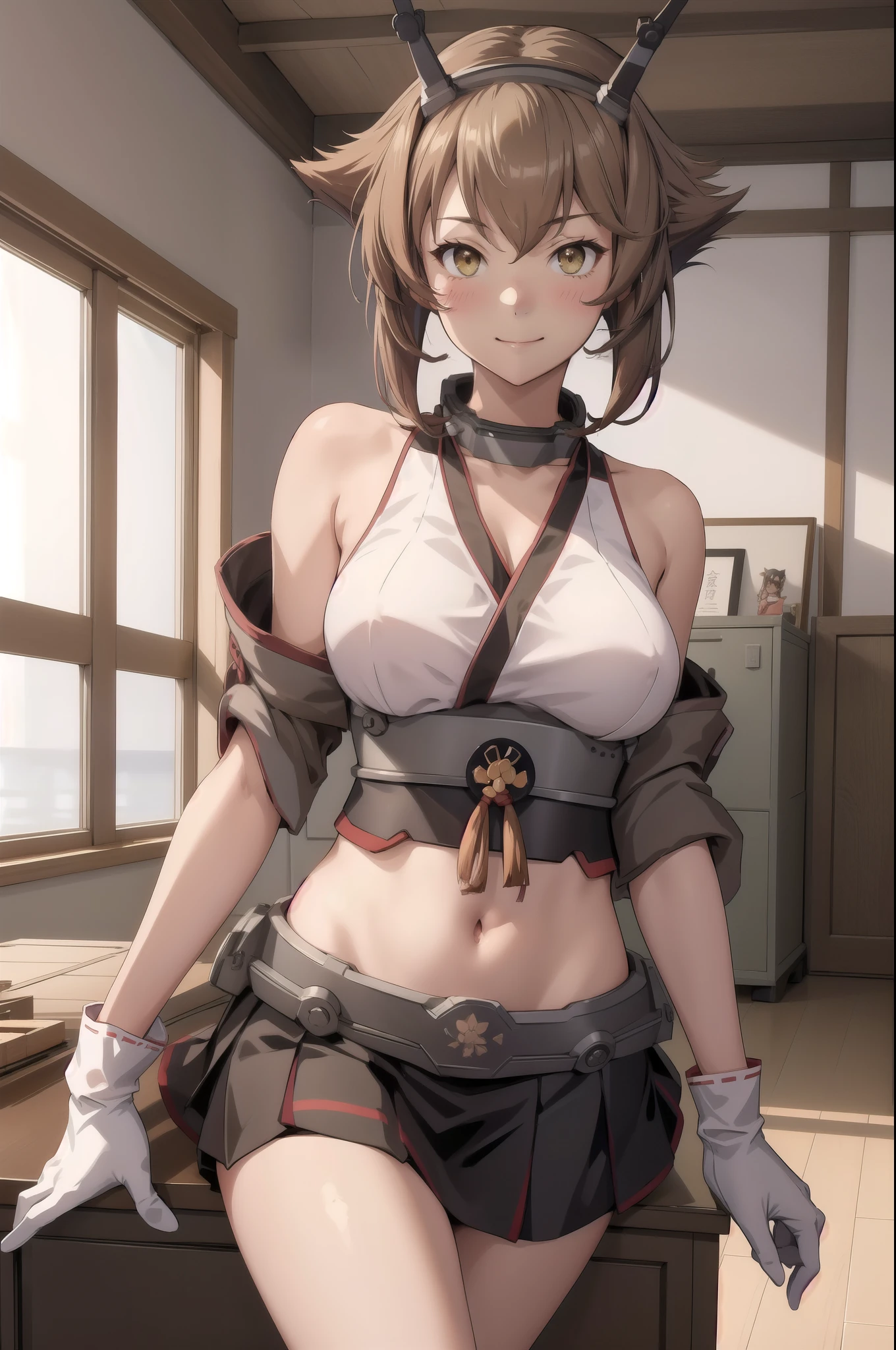 ((masterpiece)),(Highest quality),(Mutsu Kai Ni Kantai Collection:1.15)Highly detailed CG,Super detailed,(indoor, office, living room), ,One girl,alone,white_gloves,brown_hair,short_hair,big_chest,black_skirt,green_eye,headgear,プリーツskirt,smile, abdomen,ミニskirt,hairband,belly button,chestの谷間,wireless_antenna,Flipped_hair,blush, Big Breasts,