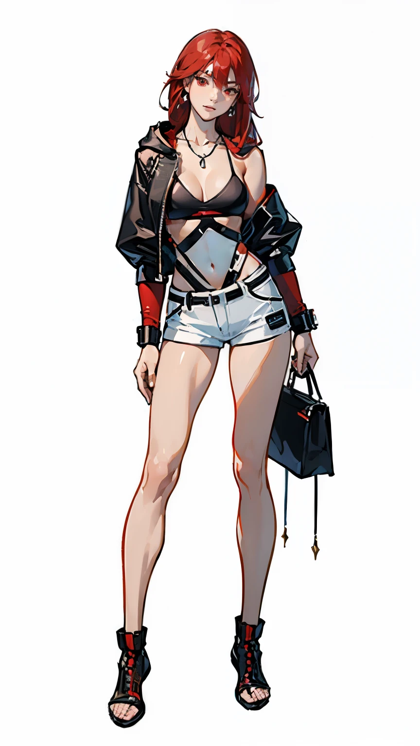 ((masterpiece,best quality,8k,highres)),((character concept art)), 1 female, adult female, queen, 175 cm height, long straight hair (red hair colour), ultra finely detailed eyes (red eyes colour), extraordinary gorgeous, charming, smirk smile, shapely breasts, hourglass body shape ((muscular)), ((intricate detail)), super finely detailed hands, ultra finely detailed fingers(((ten fingers))), (sport bra),(black colour outfit)(stylish), (cropped leather hooded jacket), short hot pants, black shoes, necklace, earrings, (standing still), (full body showcase), (show full body), (no logos on background), (no logo), ((plain background)), ((empty hands)), ((plain background)), (((empty background)))