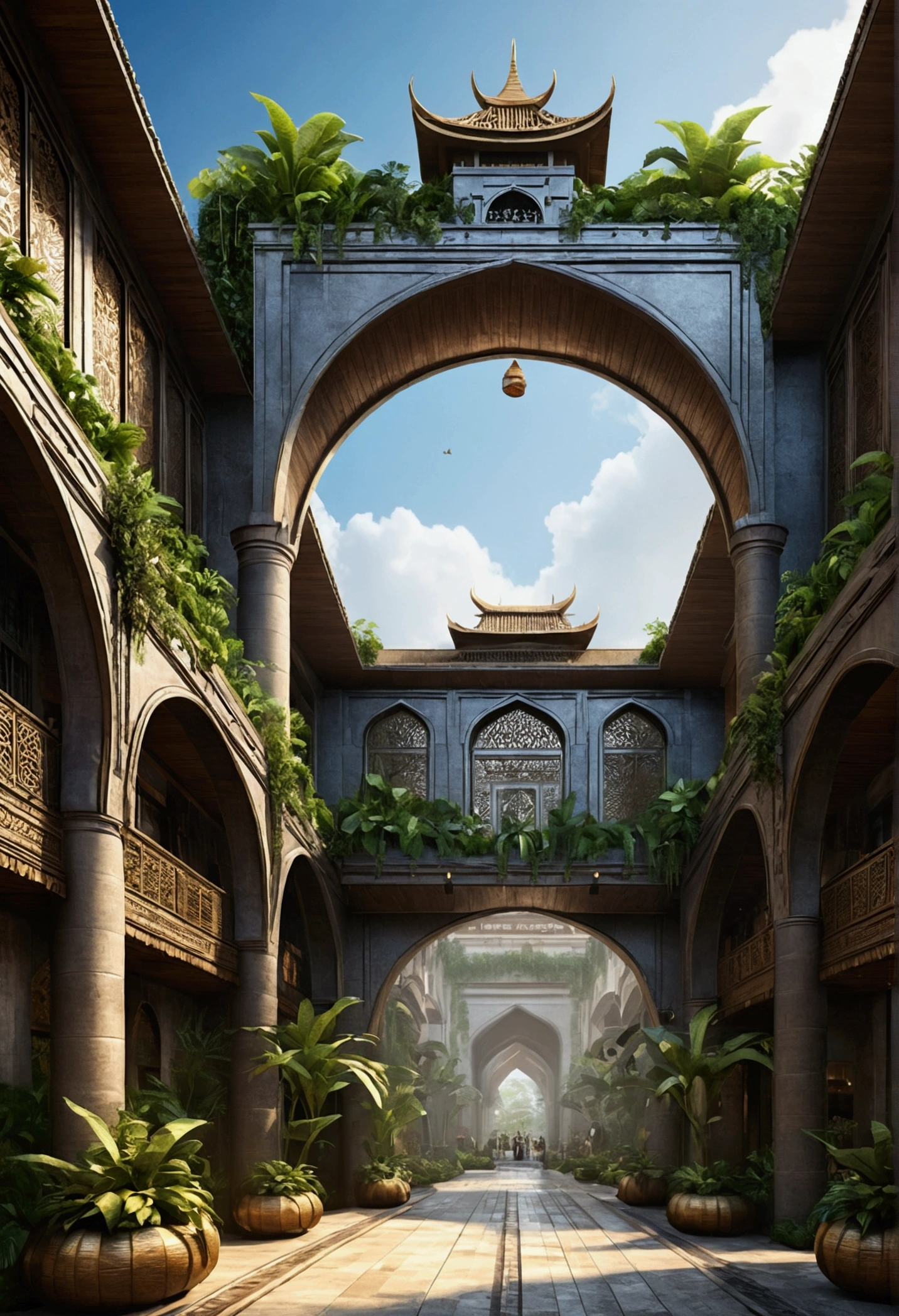 main entrance Urban tropical village, hyperrealistic, hanging gardens, southeast asian architecture, megastructure, large grand bazaar, masterpiece