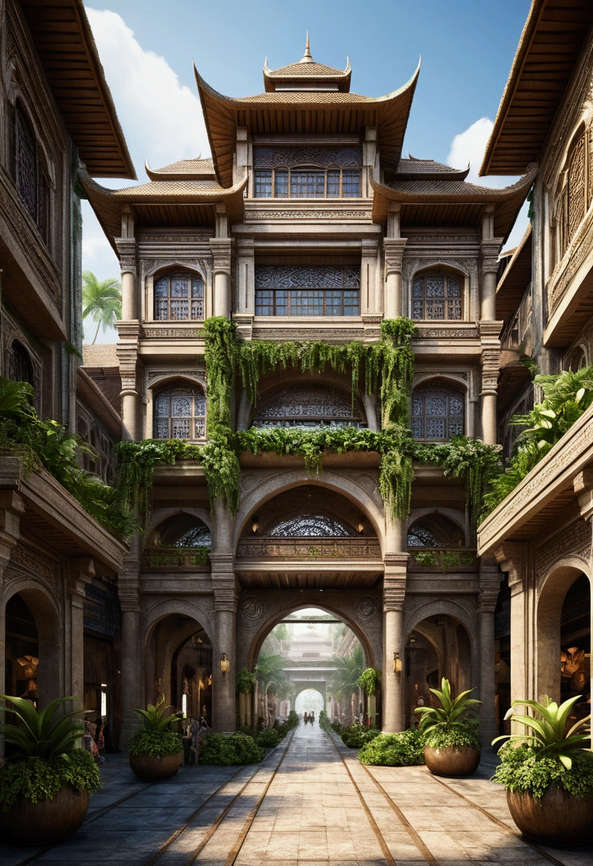 main entrance Urban tropical village, hyperrealistic, hanging gardens, southeast asian architecture, megastructure, large grand bazaar, masterpiece