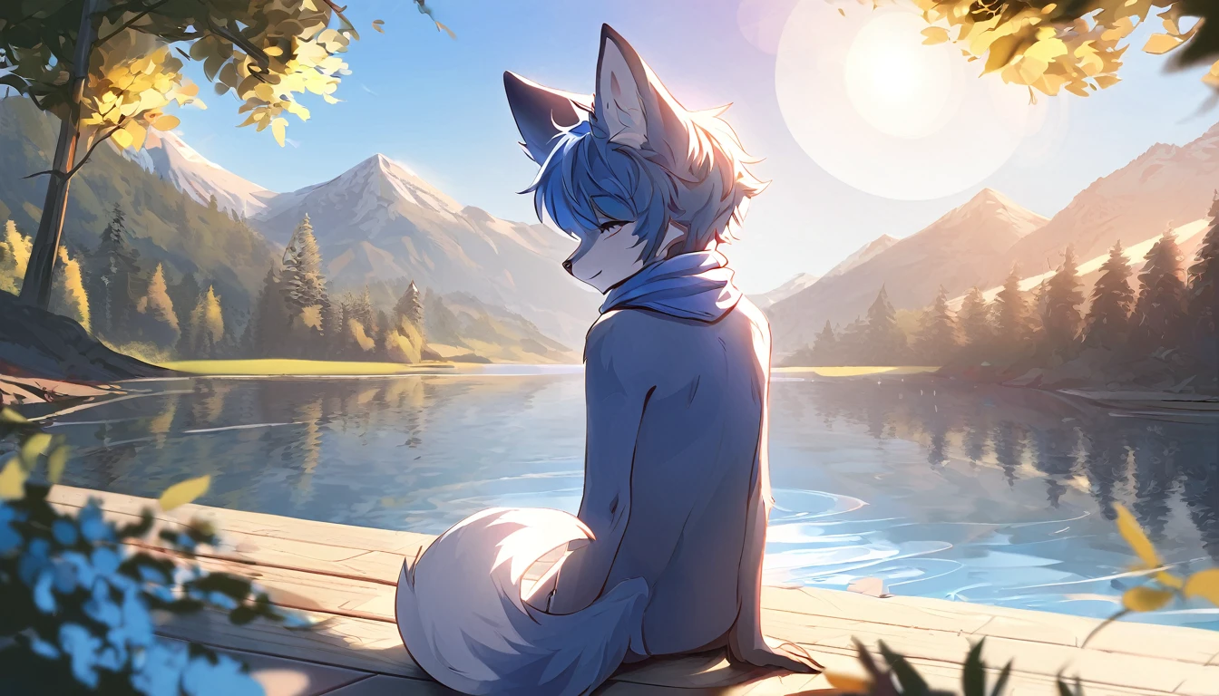 cinematic shadow, high-quality illustrations, dynamic lighting, lens flare, cinematic angle, highres, top quality, best quality,furry male, furry, solo, animal ears, 1boys, tail, blue hair, half, white fur, body fur, two-tone fur, short hair, blue fox ears,, fox boy, fox tail, blue fur, blue scarf, half body character with calm and beautiful lake surrounded by tall trees and mountains. The water could be a deep blue color, and there could be a few clouds in the sky. could be sitting by the lake, looking out at the water and enjoying the peaceful s