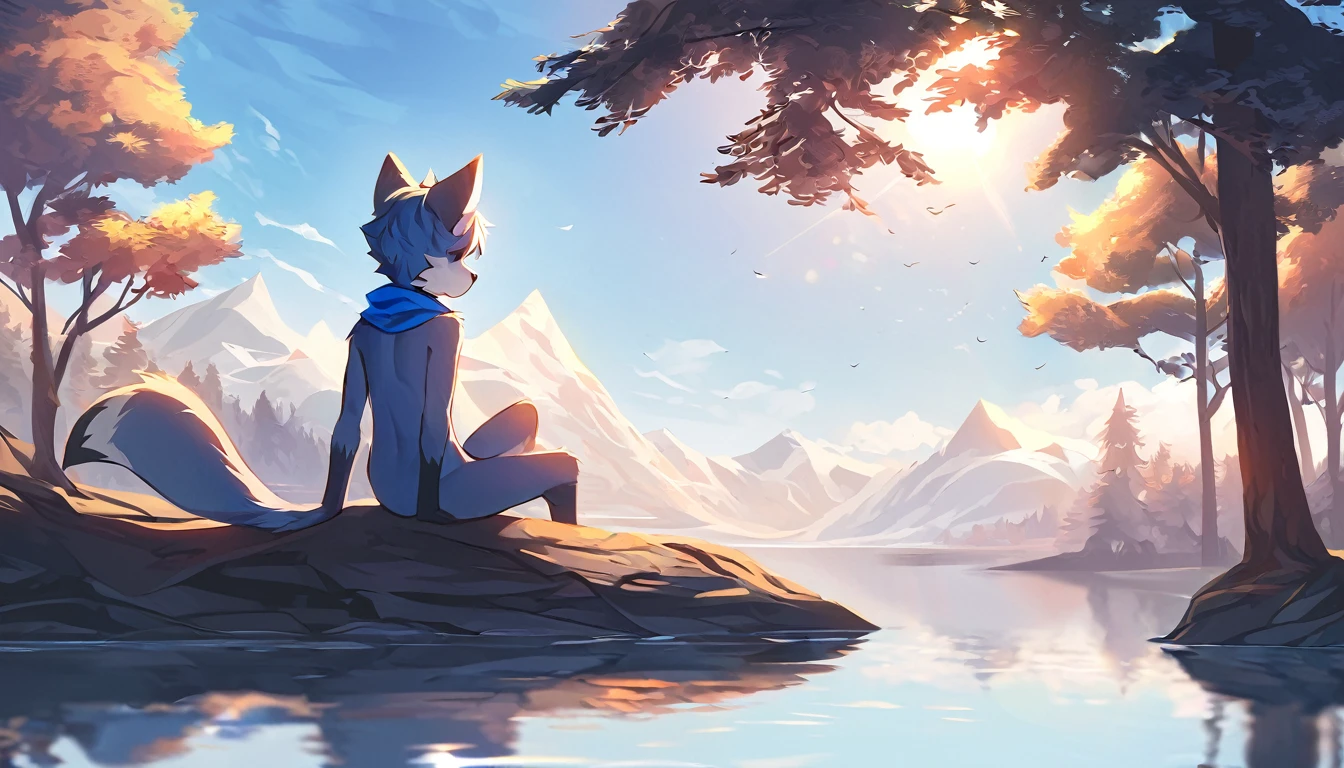 cinematic shadow, high-quality illustrations, dynamic lighting, lens flare, cinematic angle, highres, top quality, best quality,furry male, furry, solo, animal ears, 1boys, tail, blue hair, half, white fur, body fur, two-tone fur, short hair, blue fox ears,, fox boy, fox tail, blue fur, blue scarf, half body character with calm and beautiful lake surrounded by tall trees and mountains. The water could be a deep blue color, and there could be a few clouds in the sky. could be sitting by the lake, looking out at the water and enjoying the peaceful s
