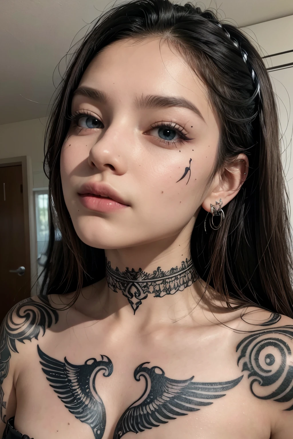 based on this image, add some tattoos and piercings to the face