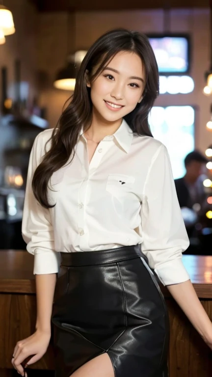 A superb exquisite real beautiful girl, semi-long hair, extremely exquisite facial features, peerless beautiful girl, jacket, collared shirt, slender, small breasts, exposed thighs, pencil skirt, sweet shy smile with teeth, soft, dreamy quality, light white and dark brown, exaggerated facial features, solid color, frank off-white, surreal, ultra-clear, beautiful, cute and lively, background at the bar counter,