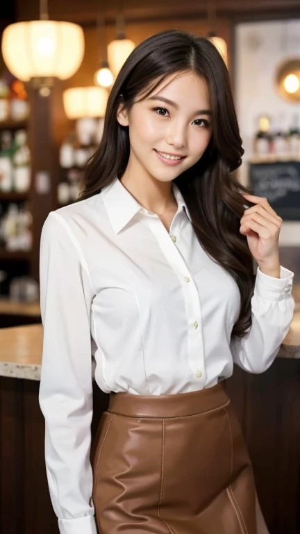 A superb exquisite real beautiful girl, semi-long hair, extremely exquisite facial features, peerless beautiful girl, jacket, collared shirt, slender, small breasts, exposed thighs, pencil skirt, sweet shy smile with teeth, soft, dreamy quality, light white and dark brown, exaggerated facial features, solid color, frank off-white, surreal, ultra-clear, beautiful, cute and lively, background at the bar counter,
