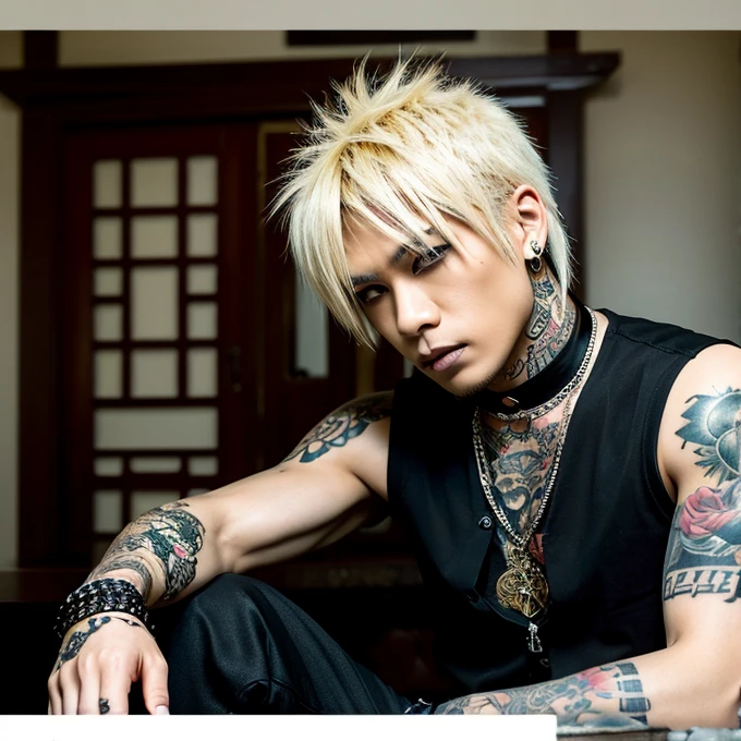 Japanese gothic rocker man, male, Asian eyes, muscular, broad shoulders, yakuza tattoos, hairstyle Visual Kei style, hair Visual Kei, black men's shirt and black pants, ultra detailed face, hyperrealistic, realistic representation,  30 years old, age 30 years,, blonde hair