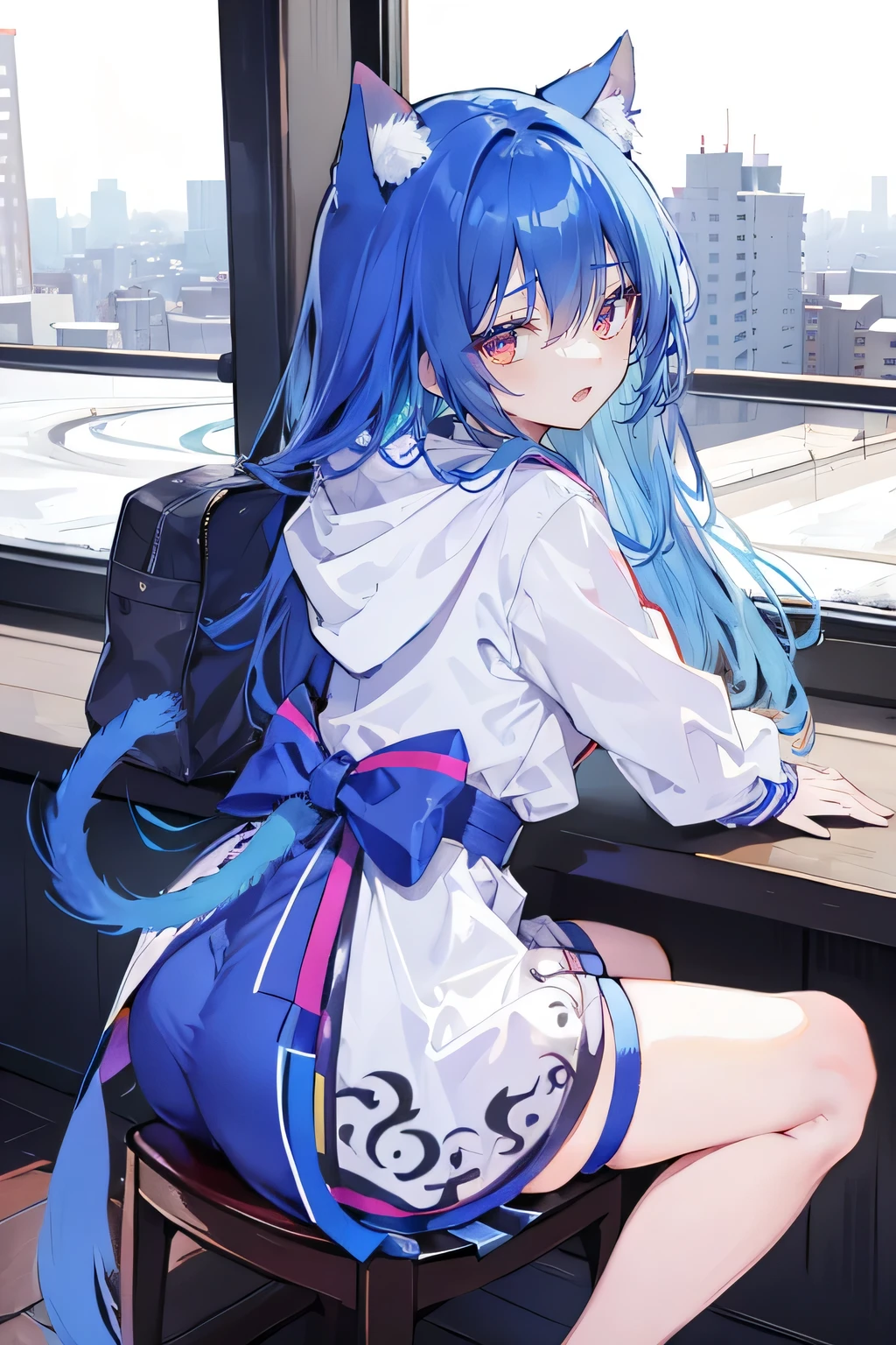 （masterpiece：1.2），Super detailed，lifelike，Expressive eyes，fair skin，perfect face shape，1 girl，
Japanese comics,Gorgeous blue hair,flowing blue hair,flowing clothes,Cat ears,Petals fall,beautiful lola,Baby Angel,
Shaking head with one hand，Cross your legs，smile, wearing hoodie, ,back views,snowing, winter，City Street Scene，winter。sitting on window， looking out the window，Turn your back to the audience。