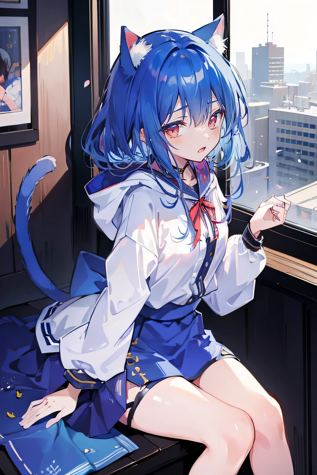 （masterpiece：1.2），Super detailed，lifelike，Expressive eyes，fair skin，perfect face shape，1 girl，
Japanese comics,Gorgeous blue hair,flowing blue hair,flowing clothes,Cat ears,Petals fall,beautiful lola,Baby Angel,
Shaking head with one hand，Cross your legs，smile, wearing hoodie, ,back views,snowing, winter，City Street Scene，winter。sitting on window， looking out the window，Turn your back to the audience。