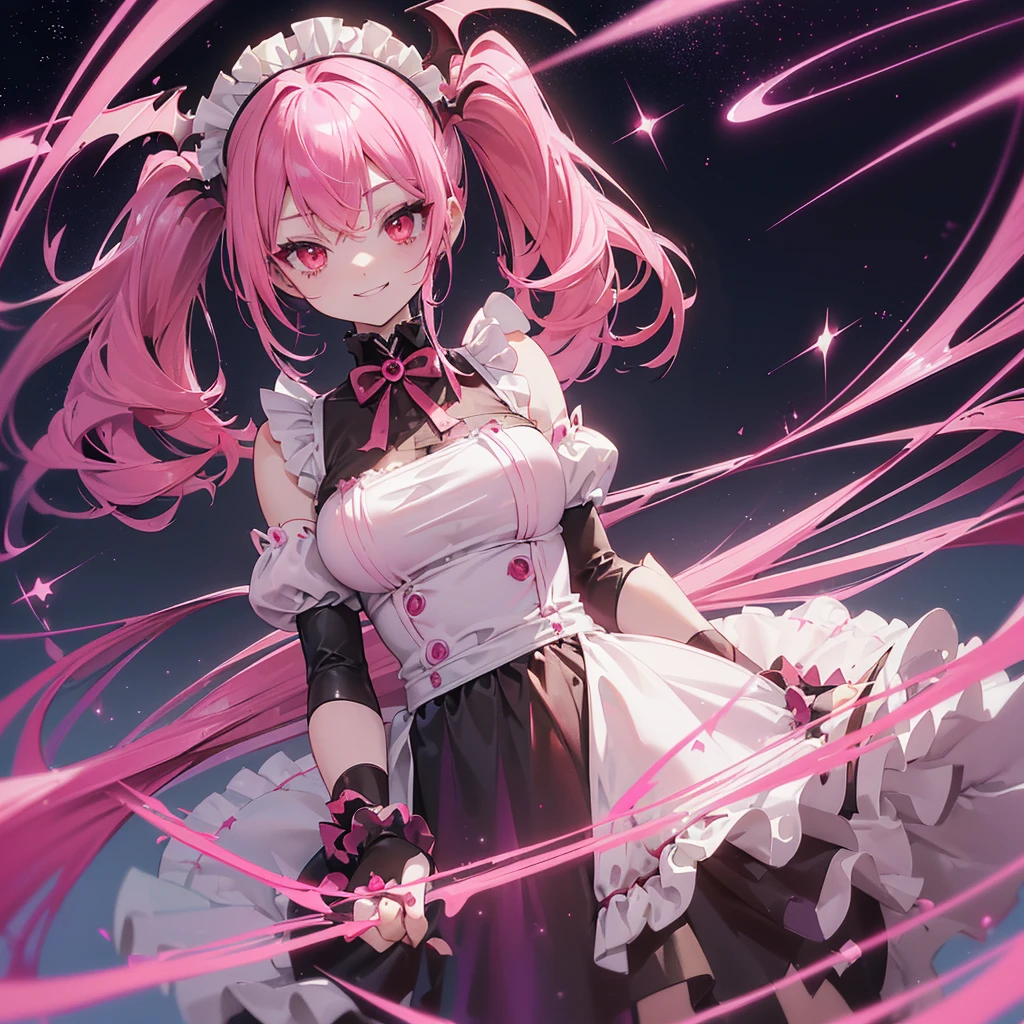 (((Pink Hair Dye the inside of your hair red Twin tails Dull red eyes Succubus Maid clothes))) ((Fantasy Bat Wings、Wings many times larger than mine Lonely Smiling Kindly Devil horns)) ((smile Blood gloves)) (Broken glass Distorted Space-Time star) Catch the wind autumn Shining Background Particles of light, Pink sparkling edges