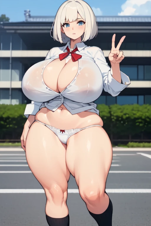 ((Highest quality)), ((masterpiece)), (detailed),
((huge breasts:1.4))
((Very thick thighs:1.4))
((Very fleshy young woman:1.4))
(Tall)
(Short White hair)
(bob hairstyle)
Blue eyes
Standing
(((Shoot from front)))
(Japanese school uniform)
(white (business) shirt)
(Black mini(school)skirt)
(((white pantie)))
Japanese
Tokyo city