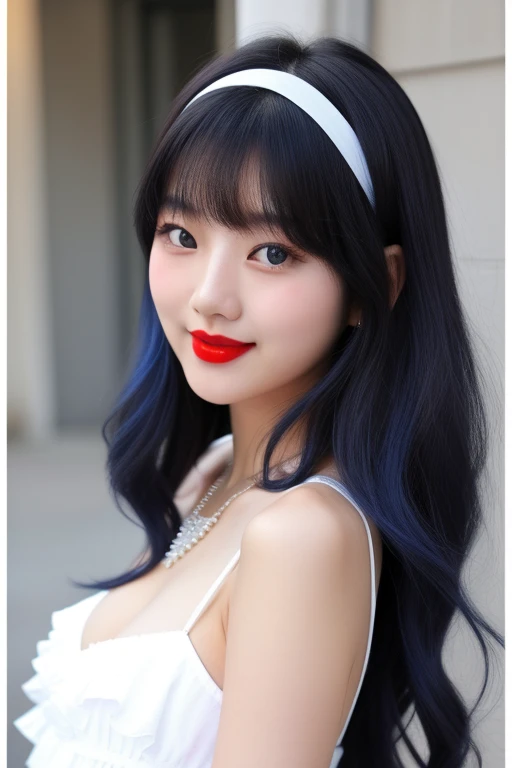 A young Korean beautiful girl, 20-year-old, sexy girl, strikingly beautiful, black hair, big breasts, delicate facial features, porcelain skin, red lips, expressive eyes, score_9, score_8_up, source_semi-realistic, CG, street, Korean cute girl, {{skinny}}, slender), deep-blue hair, bangs, very long wavy hair, nose, red lip, smile, closed mouth, large breasts, [blue ballet shrug], necklace, ribbon-hairband, {{white frilled-short dress}}, looking at viewer, 
