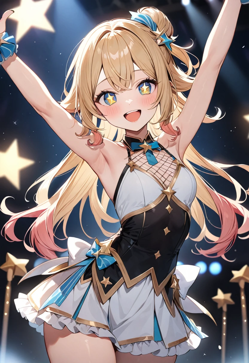 (masterpiece, top quality, very aesthetic, 4k、illustration), intricate detail, 1woman,contrapposto 、,(cowboy shot)、Stand microphone,(star-shaped pupils),Cute 、Open mouth happy smile、Random Hairstyle、Random Hair Color、,middle hair,sidelock ,Random Color　eyes、idol clothes、small breasts、Slim 、