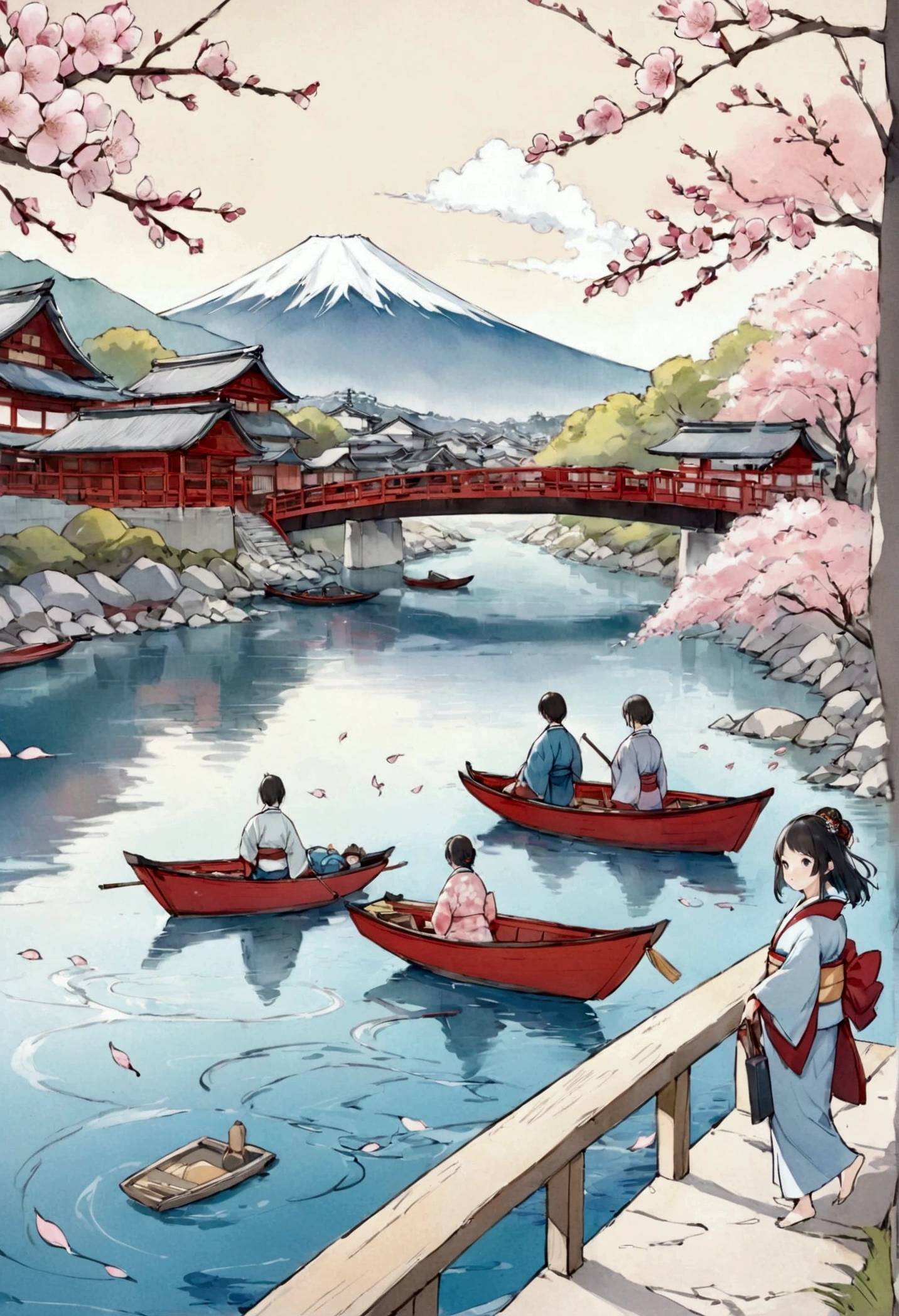 Traditional Japanese Ukiyo-e style line art coloring book。In the background is Mount Fuji.、Cherry blossom trees in full bloom々are lined up。Traditional boats float on the calm river.、Traditional Japanese houses are scattered throughout the small village.。People wearing kimonos on the riverbank々is walking、The bridge is also depicted。The overall composition is、Contains clear outlines and detailed elements suitable for coloring。Use only black and white colors。