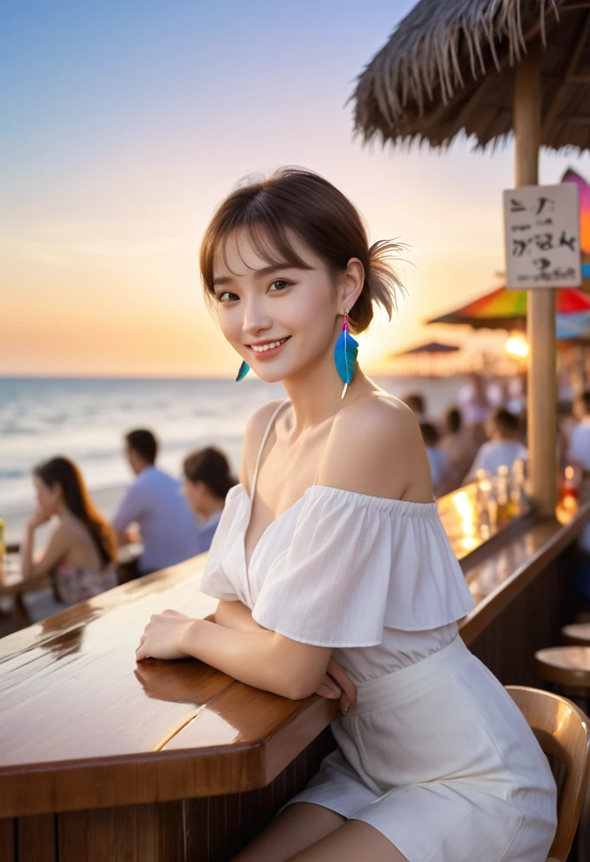 scene at the Beach Bar, (((女性は1 personだけ))), (Highest quality, 8k, masterpiece :1.3), pretty woman sitting at the Beach Bar,
Sharp focus, Fascinating, Friendly, Upper body, Upper body portrait,
16 years, 1 person, (Half Japanese、Half Russian), Beautiful actress face,
Smooth body :1.3, Exemplary body type:1.5, Perfect Style:1.4, smile, casual, sitting on a tropical Beach Bar at sunset, Side view
, Lovely colorful feather earrings, Award-winning photo, Trending on Art Station, 16K resolution, Intricate details, masterpiece, Beach Bar