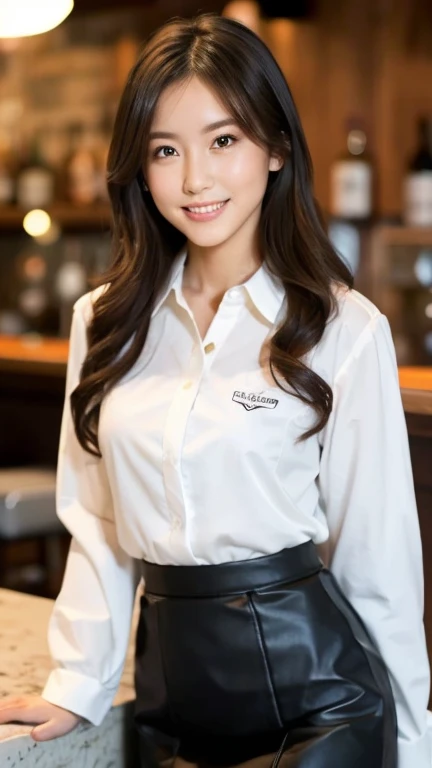 A superb exquisite real beautiful girl, semi-long hair, extremely exquisite facial features, peerless beautiful girl, jacket, collared shirt, slender, small breasts, exposed thighs, pencil skirt, sweet shy smile with teeth, soft, dreamy quality, light white and dark brown, exaggerated facial features, solid color, frank off-white, surreal, ultra-clear, beautiful, cute and lively, background at the bar counter,