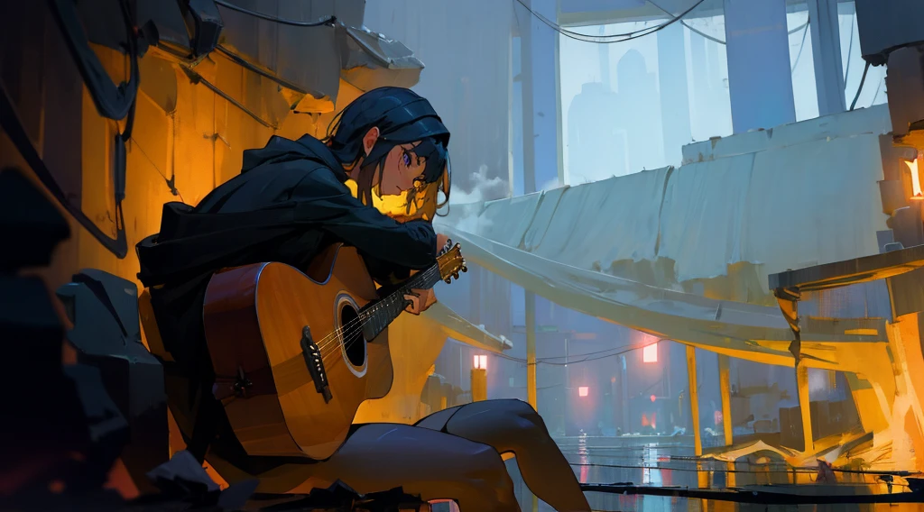 (masterpiece:1.3), (the best quality:1.2),
masterpiece,night,(dark alley),dire backgroud,
(1 girl), (solo), Knee hugging sitting,acousticguitar