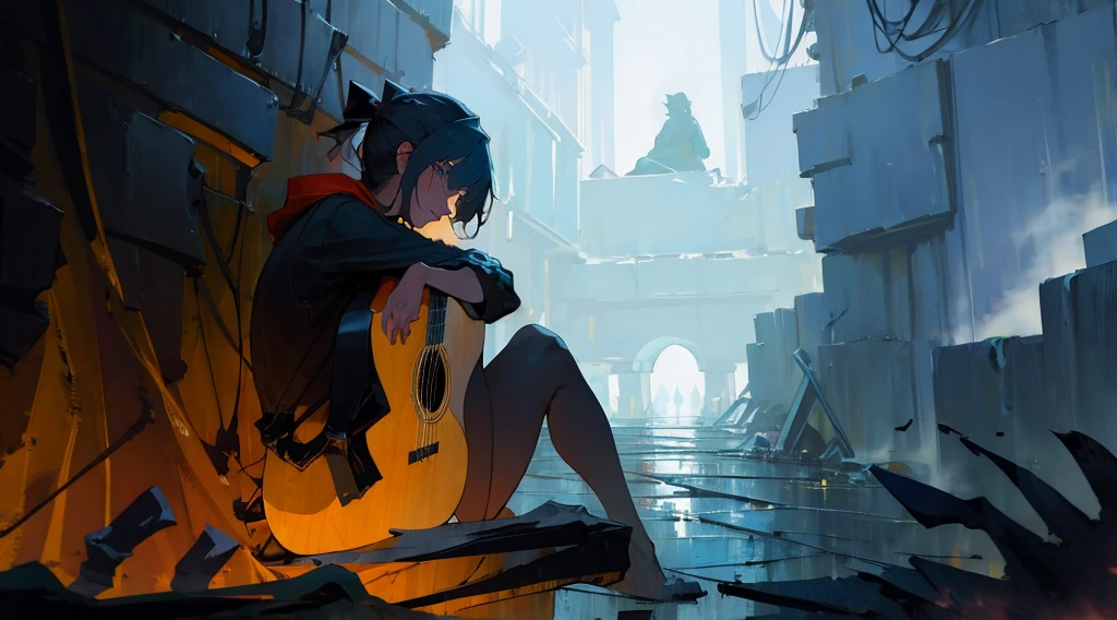 (masterpiece:1.3), (the best quality:1.2), 

masterpiece,night,(dark alley),dire backgroud,
(1 girl), (solo), Knee hugging sitting，acousticguitar