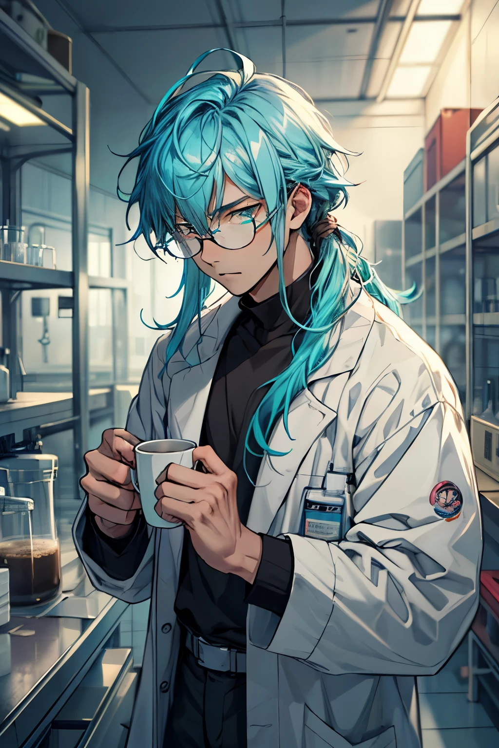 one male. Shirt under a white coat. Turquoise-colored hair and eyes. coffee cup in one hand. Tired and dull expression. dark circles. beauty. long hair. Has bangs. Hair matted and tied down. Circle glasses. cold atmosphere laboratory. half open eyes. miyazaki style.