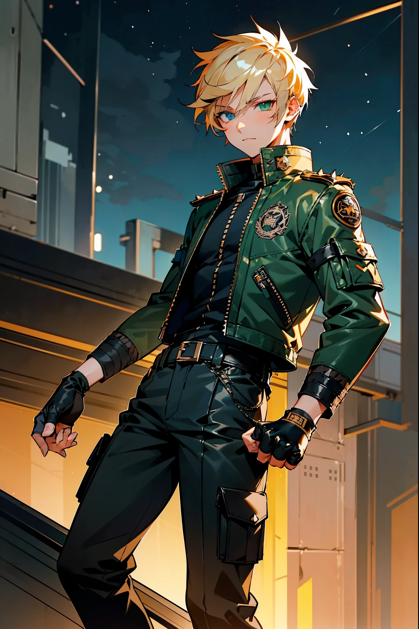 1male, short spiky blonde hair, heterochromia (one blue eye, one green eye), calm expression, leather jacket with tiger embroidery, black cargo pants, combat boots, black fingerless gloves, urban rooftop background with a starry sky, detailed face, masterpiece, 8k