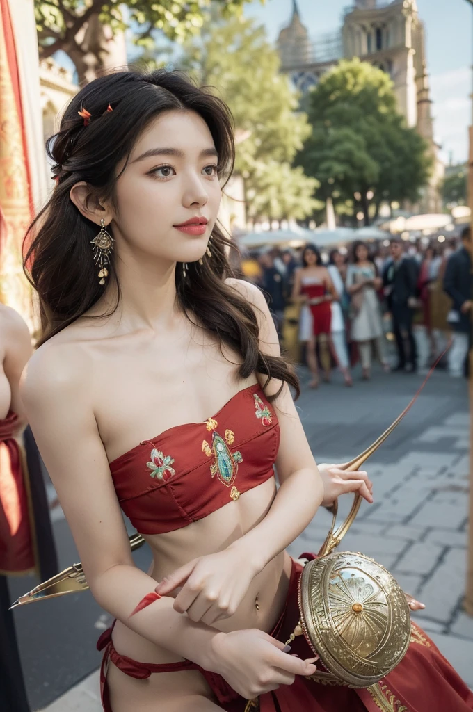 (((best quality))),(((ultra detailed))),(((masterpiece))),illustration,((1 beautiful girl,female Gypsy dancer,solo)),(shoulder length wavy bob hair:1.2),(laughing:1.3),((slim,thin)),((small breasts,flat chest)),(detailed eyes:1.3),(strapless Bohemian style embroidered red Slingshot-style swimsuit:1.5),((earrings)),mystery,charm,(On the square outside Notre Dame Cathedral in Paris:1.5),(ancient Paris:1.2),traditional attire,vendors,fruits,handcrafted objects,pastries,bakeries,spire,Gothic architecture,sunlight,ethereal glow,busy cityscape,out of place,free spirit,creativity,lost in thoughts,dreams,possibilities,bygone era,snapshot,essence,magic of summer,(day scene:1.3),(outdoor:1.3),(surrounded by crowded crowds:1.3),((from front,close-up of face))