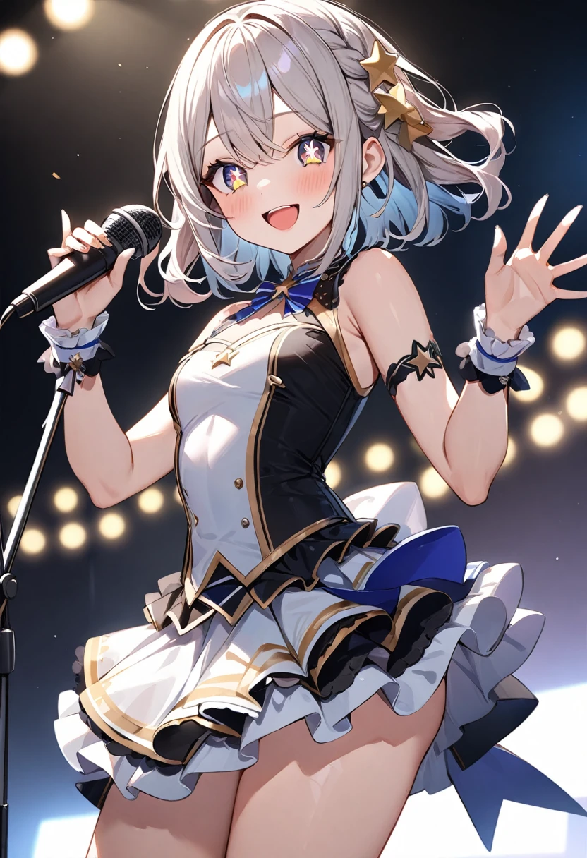(masterpiece, top quality, very aesthetic, 4k、illustration), intricate detail, 1woman,contrapposto 、,(cowboy shot)、Stand microphone,(star-shaped pupils),Cute 、Open mouth happy smile、Random Hairstyle、Random Hair Color、,middle hair,sidelock ,Random Color　eyes、idol clothes、small 、Slim 、