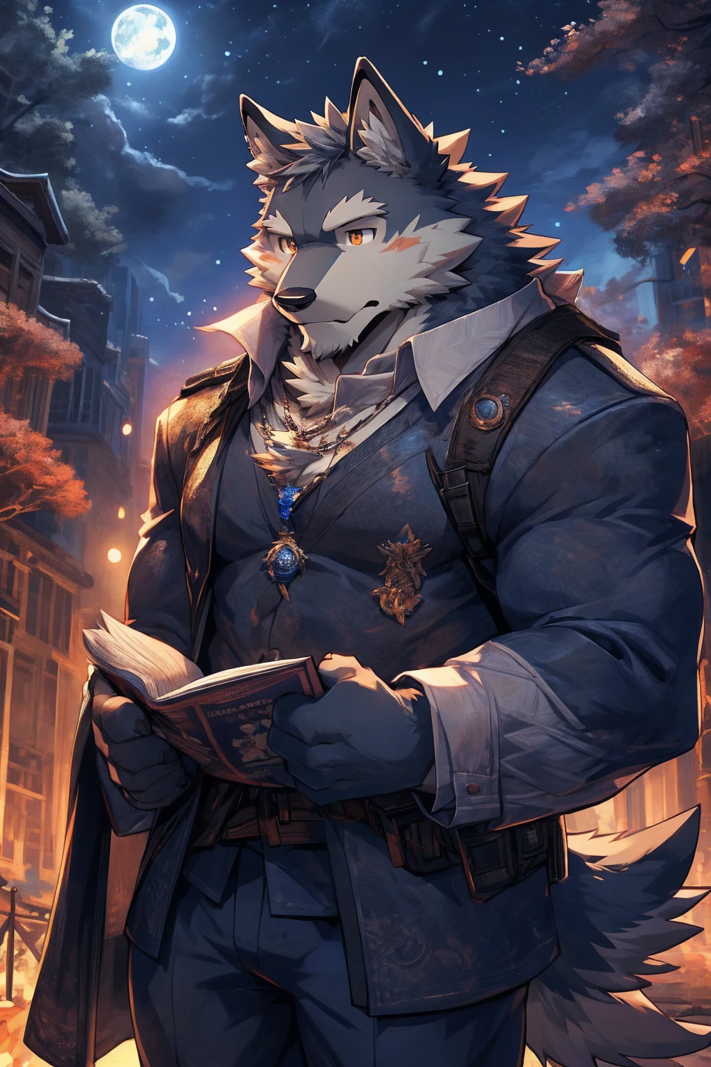 human nature, Wildlife, male,36 years old，Uncle， solitary, ((Round Face, The face is plump,Orange eyes,Thick grey hair，Little furry ears，Fluffy tail)), ((Endomorph, Handsome的，)), （officer，White military uniform，White shirt), ((domestic gray wolf, Wolf Orc，) Fluffy fur, Fluffy), Bokeh, (high quality, high resolution, masterpiece), (Dynamic Lighting, Vibrant colors，Natural fill light), (Revitalize，Handsome，tired), Full body picture (close up), cartoon, author：Takemoto Arashi, From zixiong, By Chunni, author：Empty Ghost，moonlight，Reading newspaper quietly at night，符合中年Uncle的房间，Sit under a big tree，明亮的moonlight，Quiet wilderness at night，Nostalgia for the past（background：A big tree in a city park，There are some bushes and rocks）